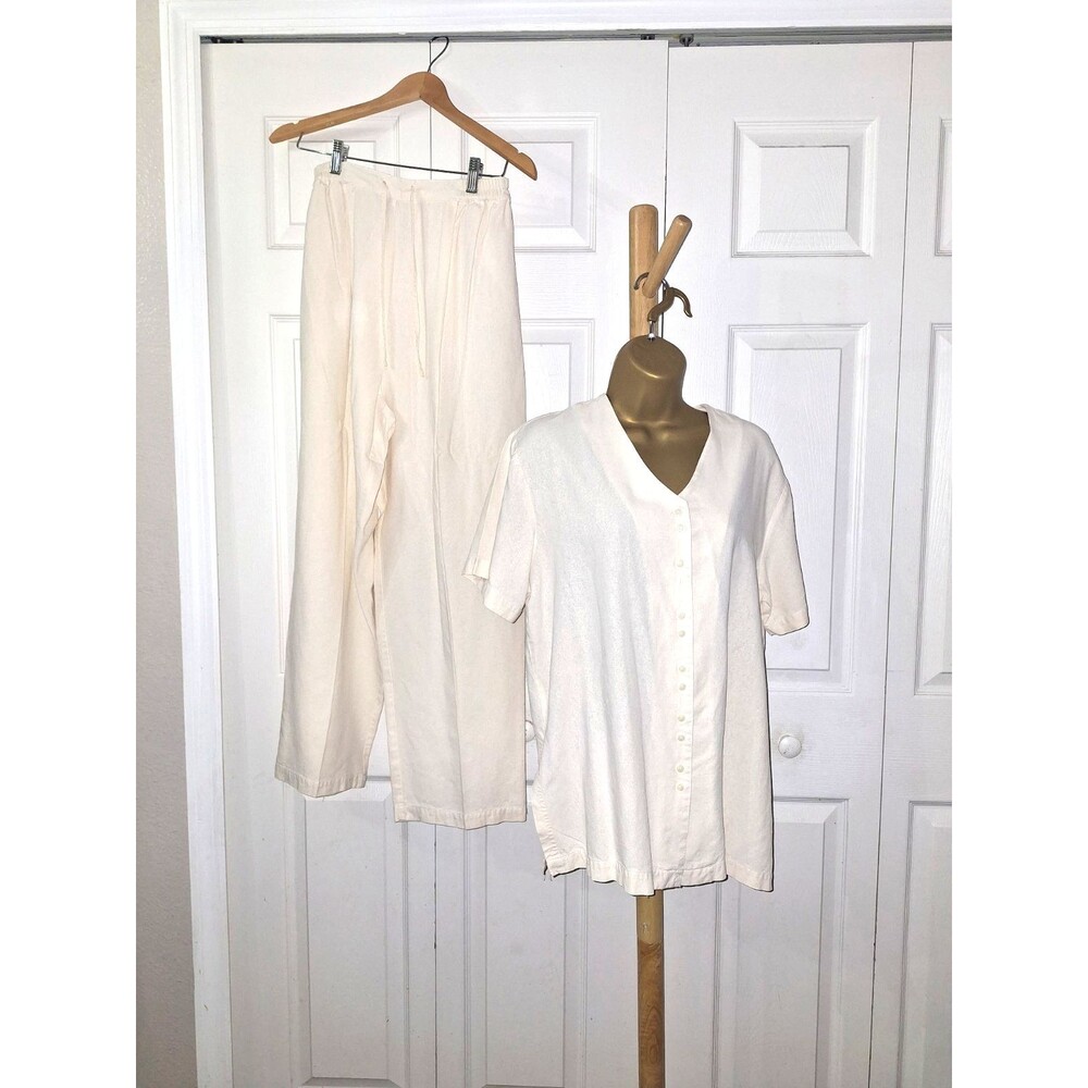 Vintage Cream Silk 2 Piece Pant Set Womens Med Short Sleeve Old Money Minimalist